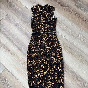 Alexander McQueen Black and Gold Printed Midi Sheath Dress